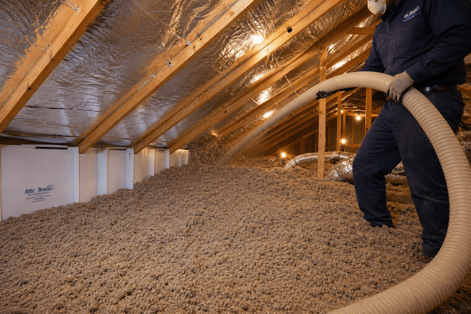 Professional blown-in cellulose attic insulation installation in a Houston home by Texas Premier Contractors