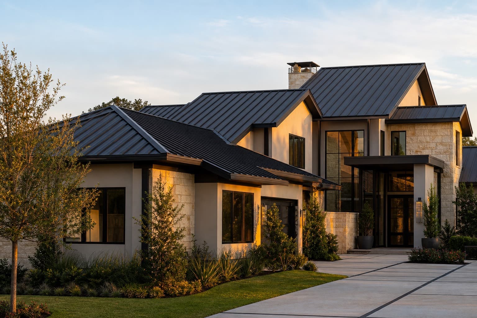 Luxury contemporary Houston home with a premium dark standing-seam metal custom roof installed by Texas Premier Contractors