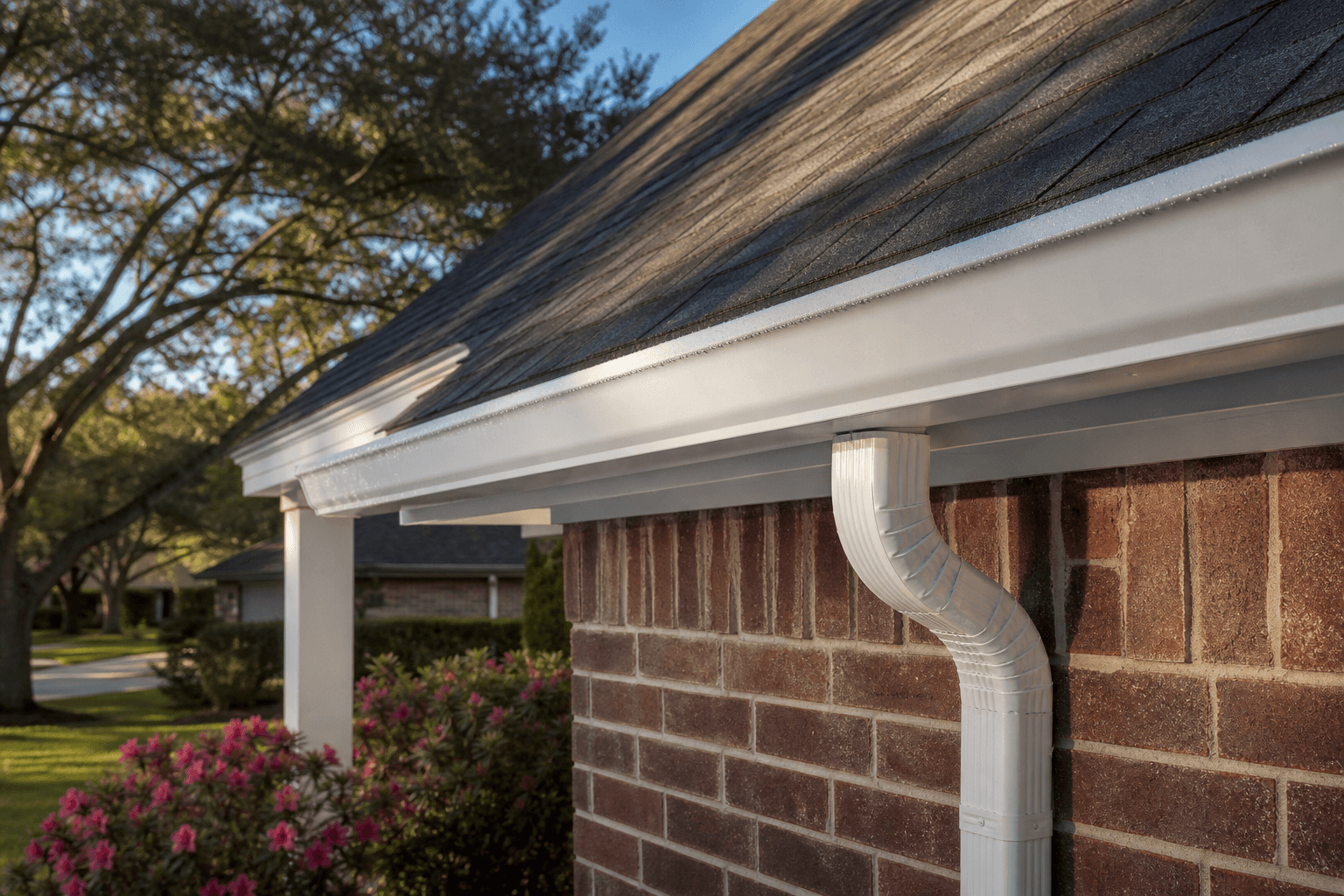 Newly installed seamless K-style aluminum gutter on a Houston home by Texas Premier Contractors