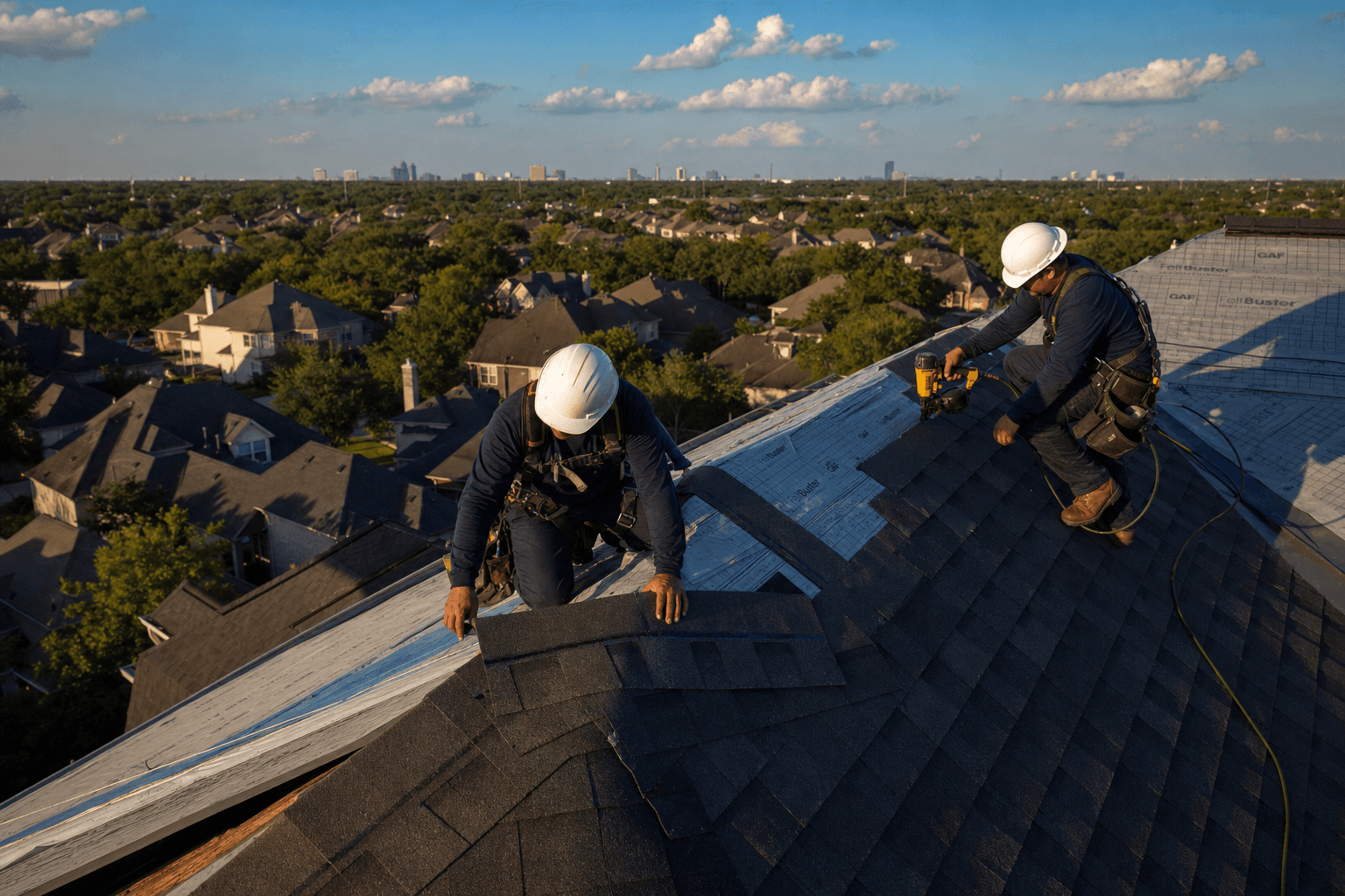 Texas Premier Contractors roofers performing precision repair work on a charcoal shingle roof in Greater Houston at golden hour