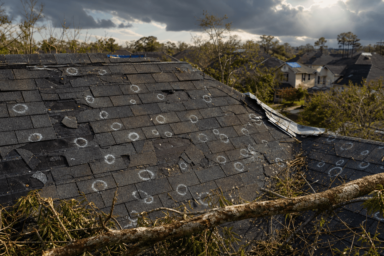 Hail-damaged residential roof in Greater Houston with insurance inspector markings ready for storm damage repair