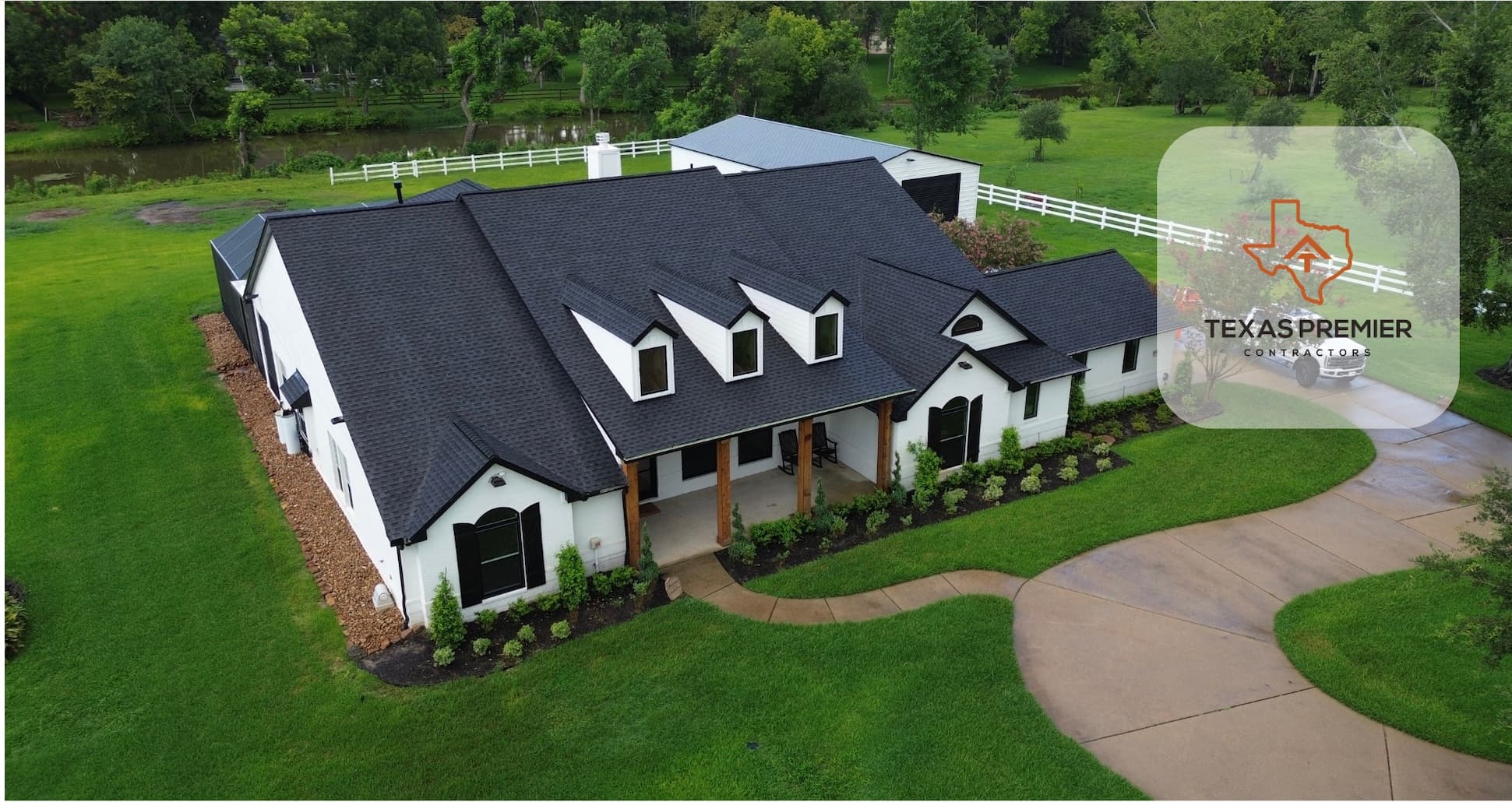 Houston modern farmhouse with a new GAF architectural shingle roof installed by Texas Premier Contractors