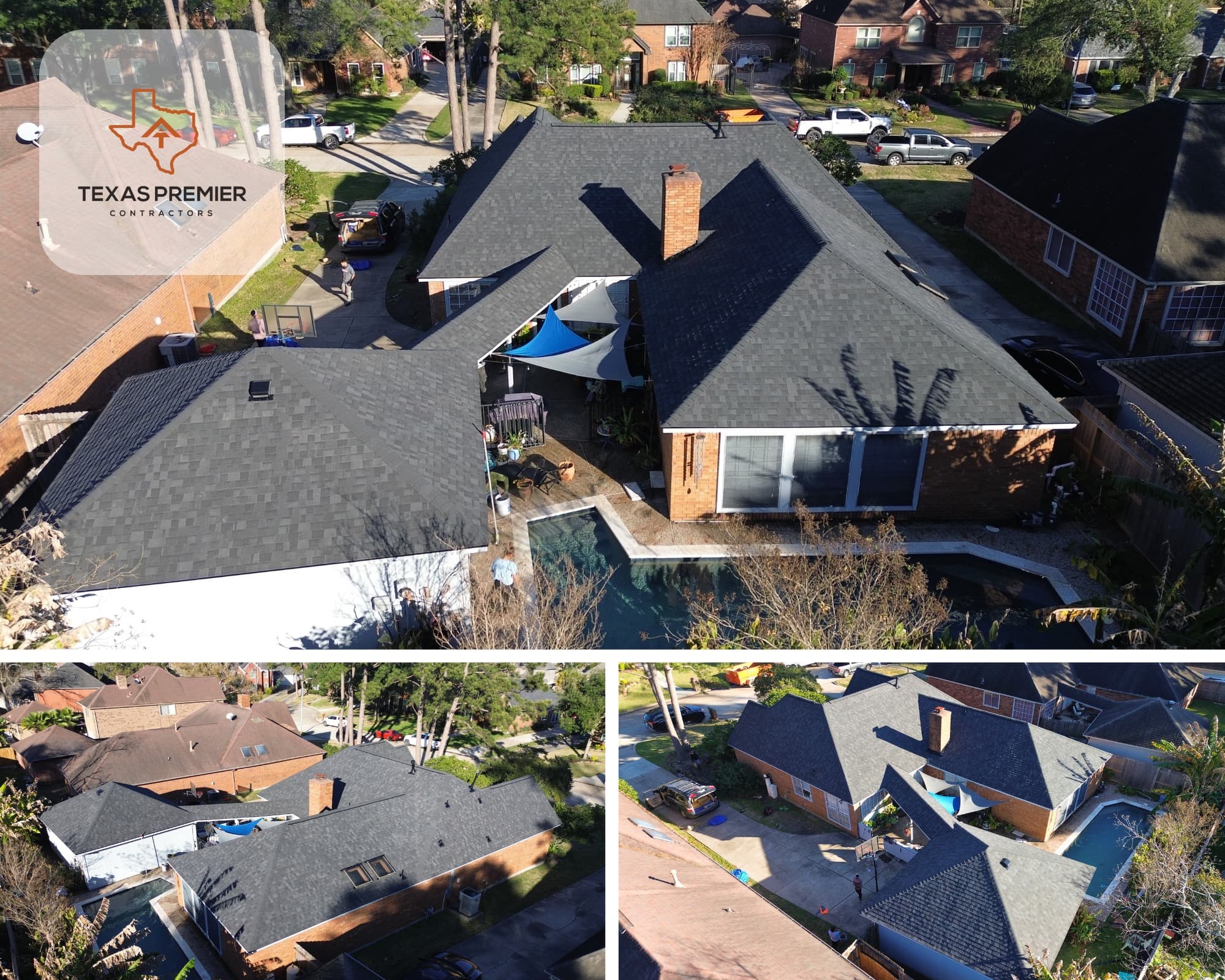 Sugar Land pool home with GAF Timberline HDZ charcoal asphalt shingle roof and integrated skylights by Texas Premier Contractors