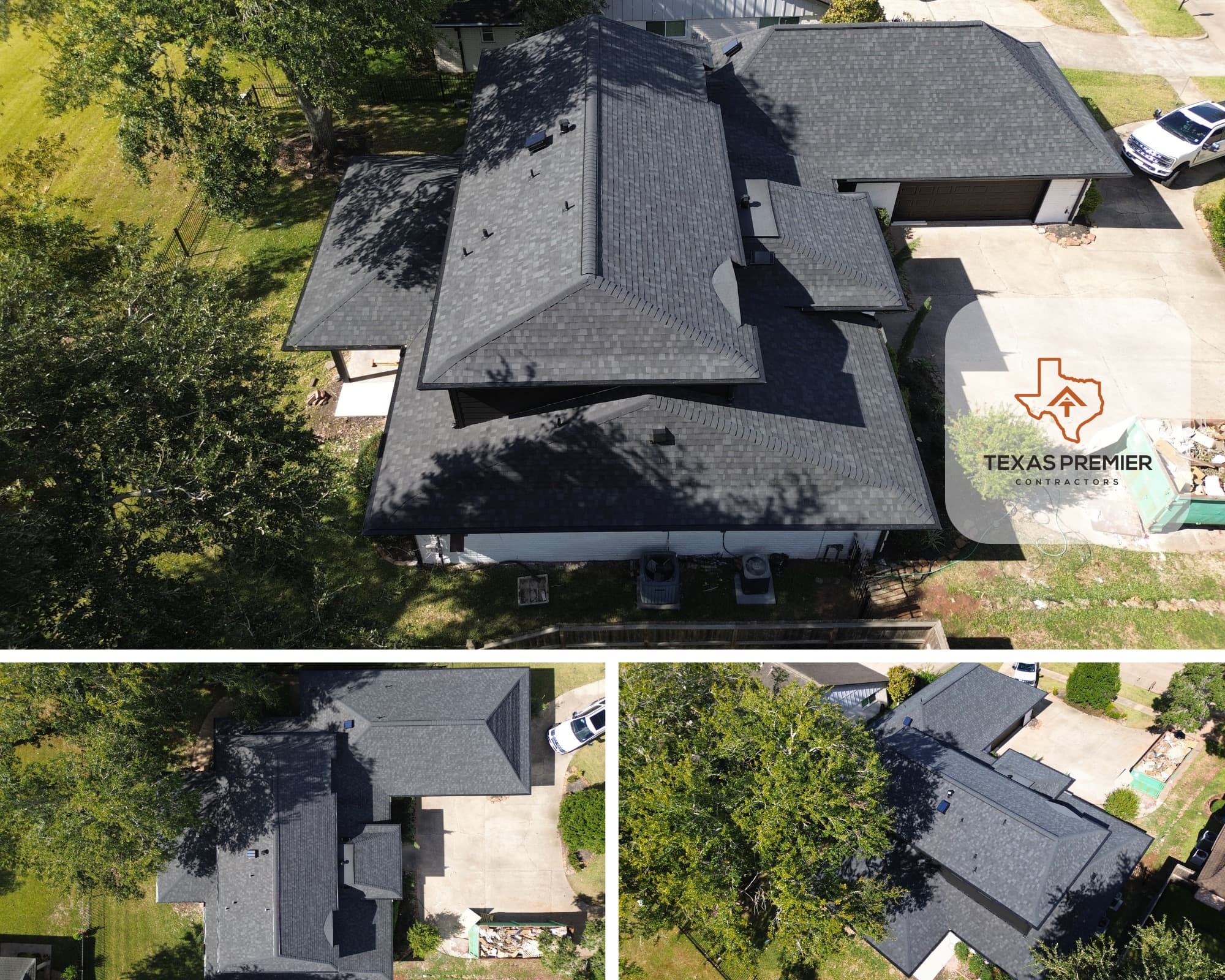 The Woodlands white two-story home with a new black shingle roof replacement by Texas Premier Contractors